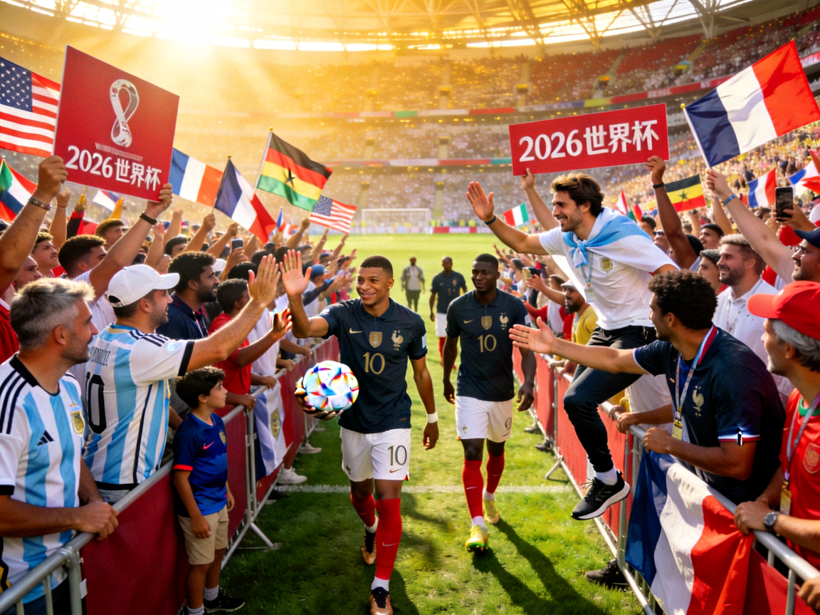 2026世界杯比赛现场，球迷与球员互动