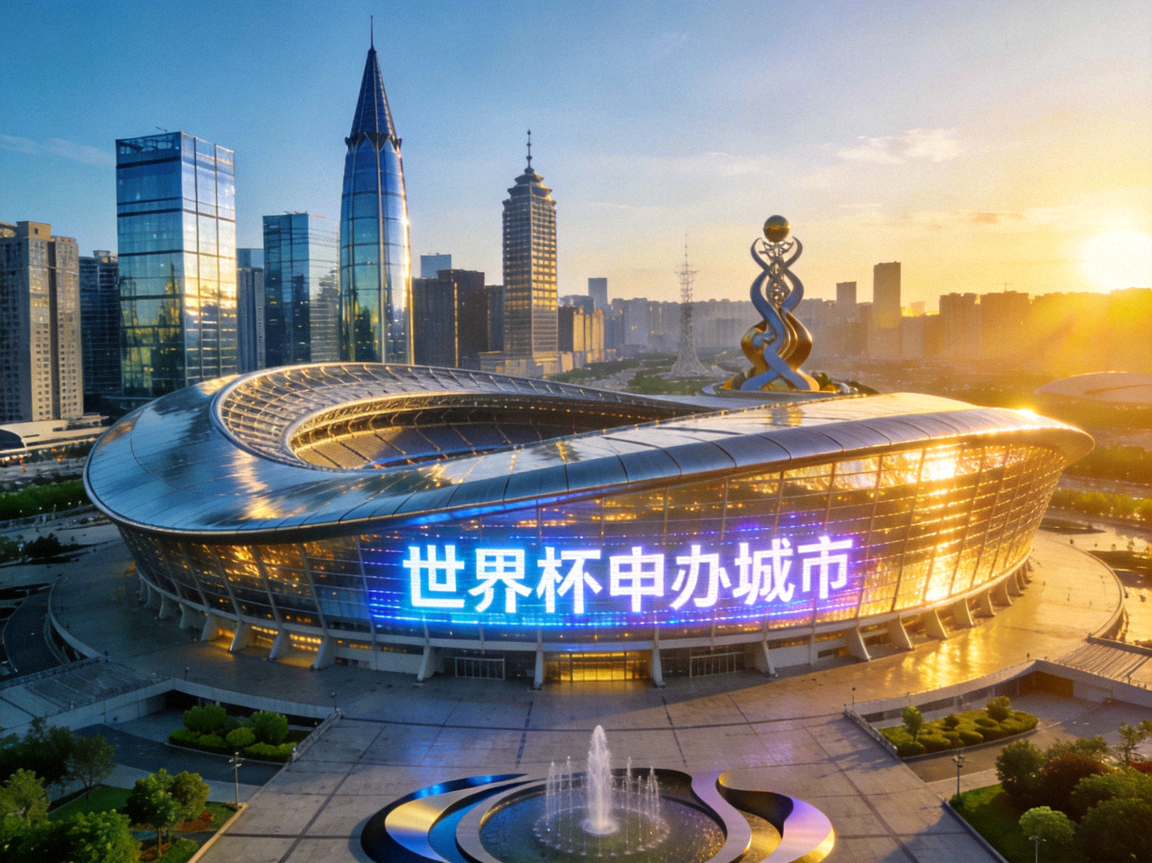 世界杯申办城市概念图，现代化体育场与城市天际线